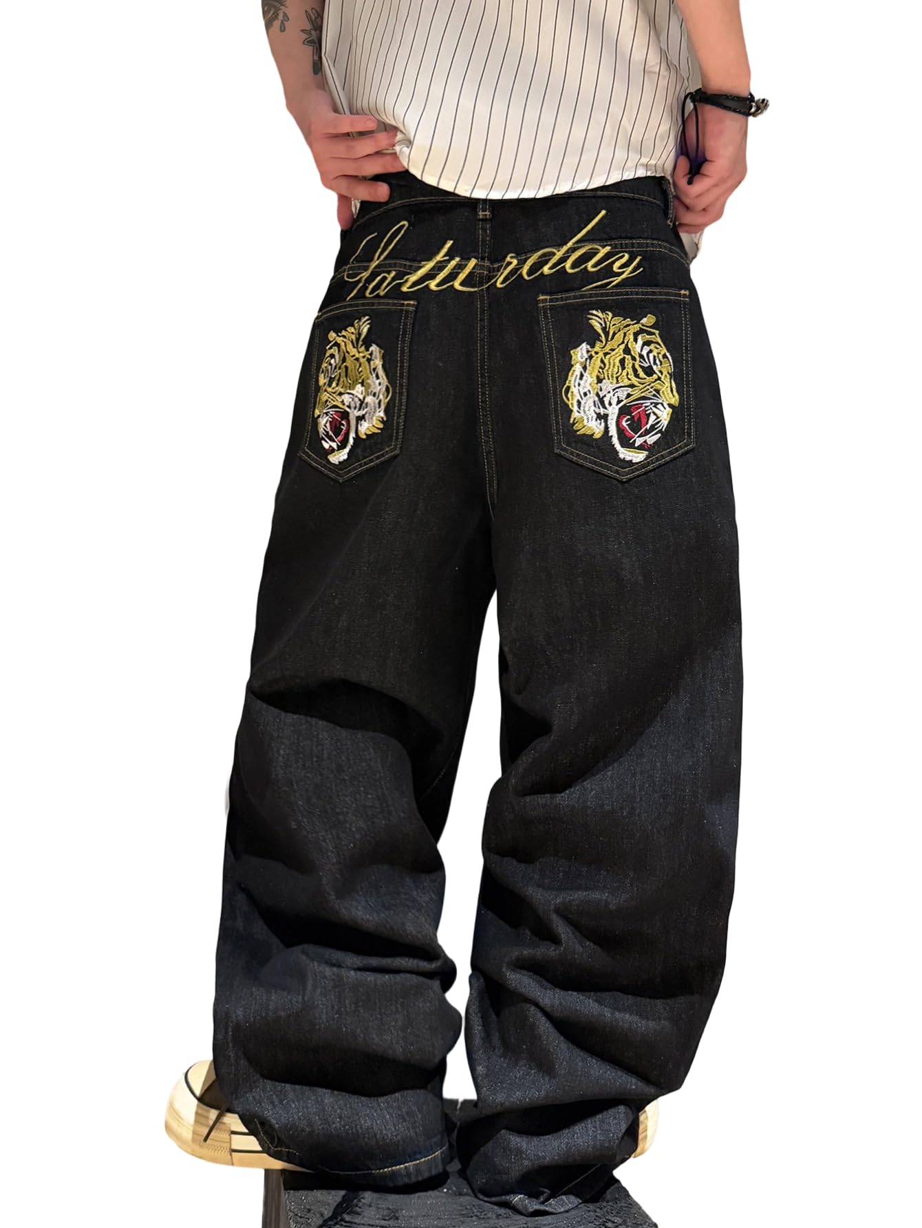 DFGIGT Men's Hip-hop Embroidered Baggy Jeans Loose Fit Denim Black Trousers