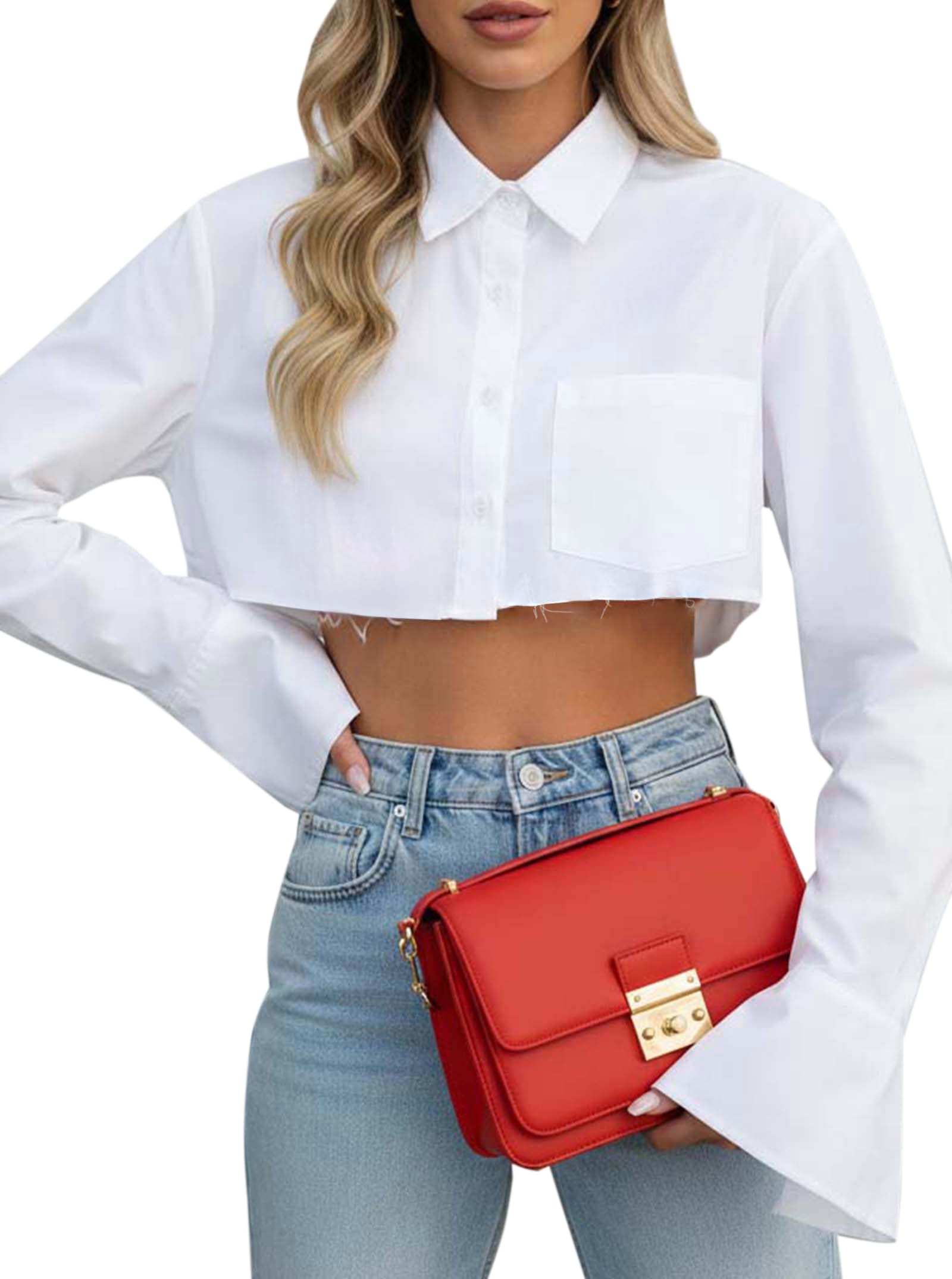Remidoo Women's Casual Striped Cropped Button Down Shirt Long Sleeve Crop Top