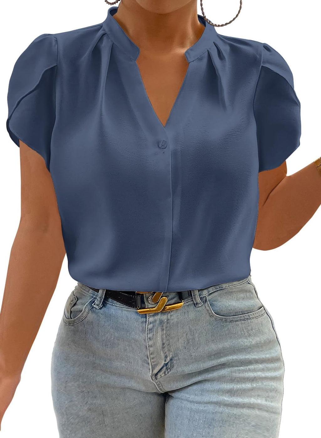 Eytino Women Plus Size Shirts Summer V Neck Petal Sleeve Business Work Dressy Blouse Tops(1X-5X)