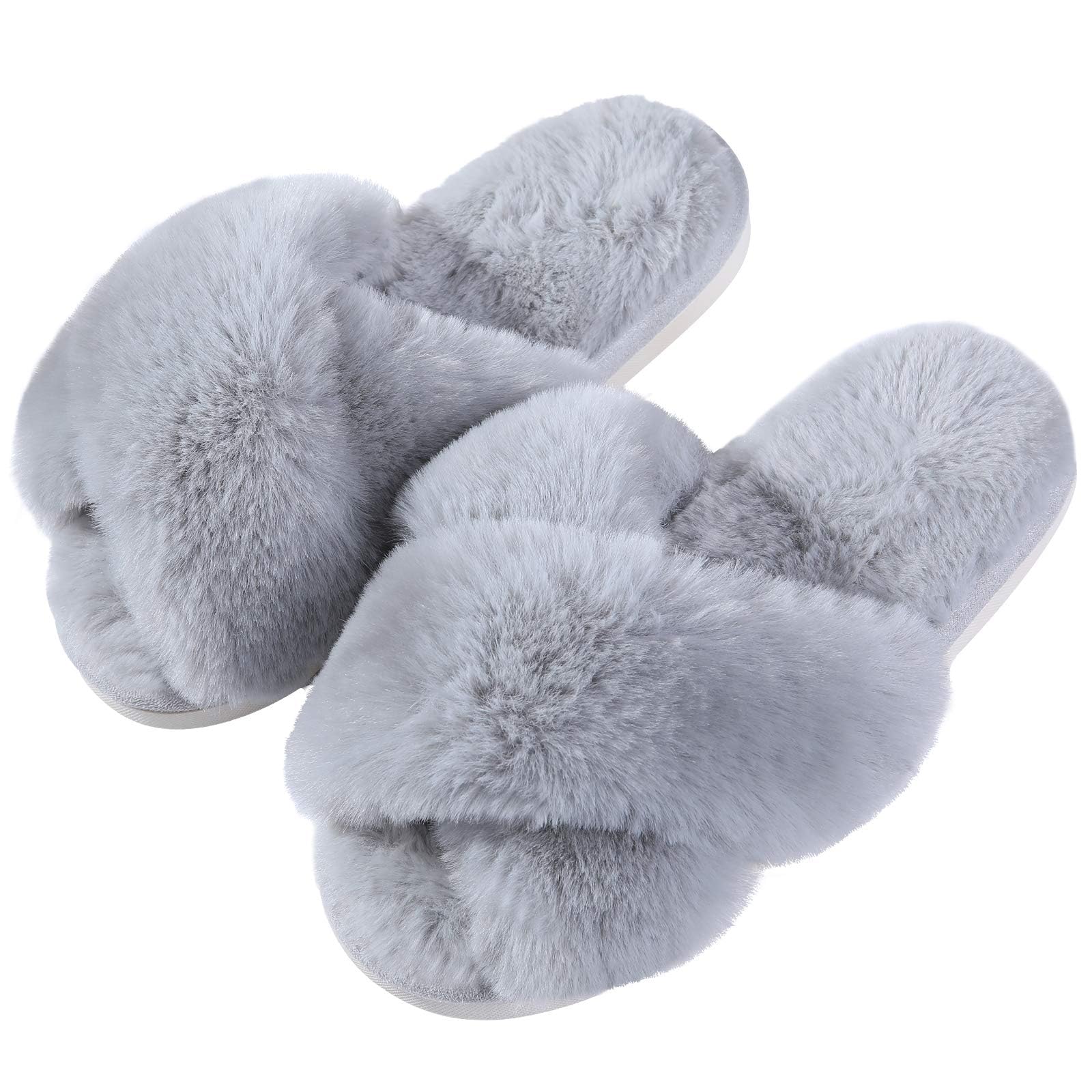Evshine Women's Fuzzy Slippers Cross Band Memory Foam House Slippers Open Toe