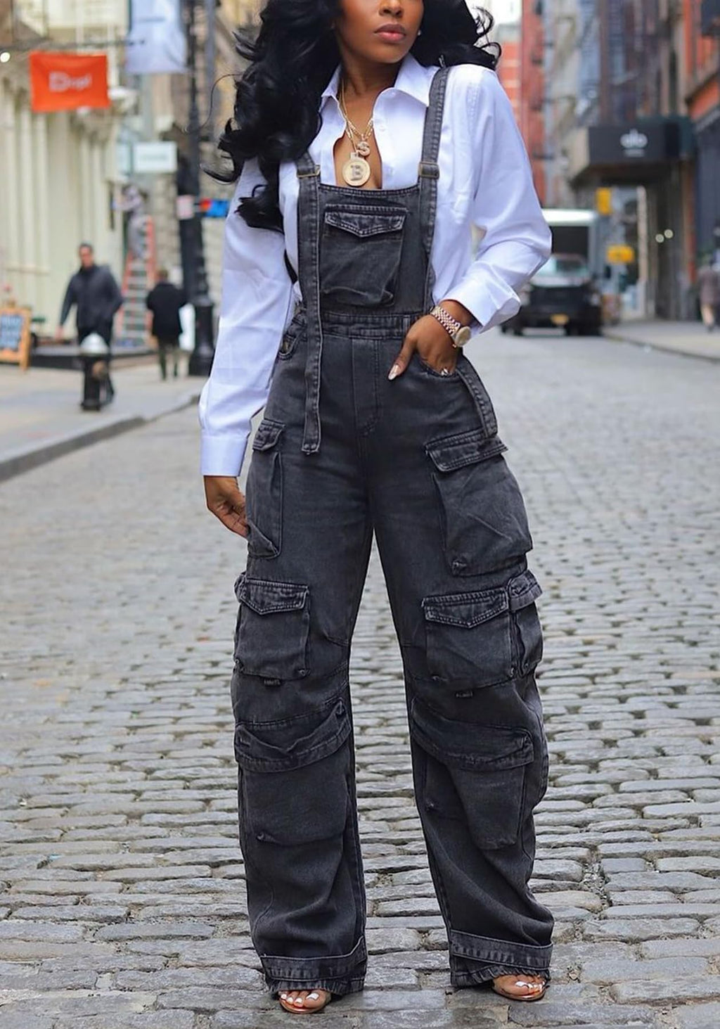YOOTIKO Women Denim Overalls Jean Jumpsuit Cargo Pants Baggy Straight Leg Bib Jean Romper Streetwear