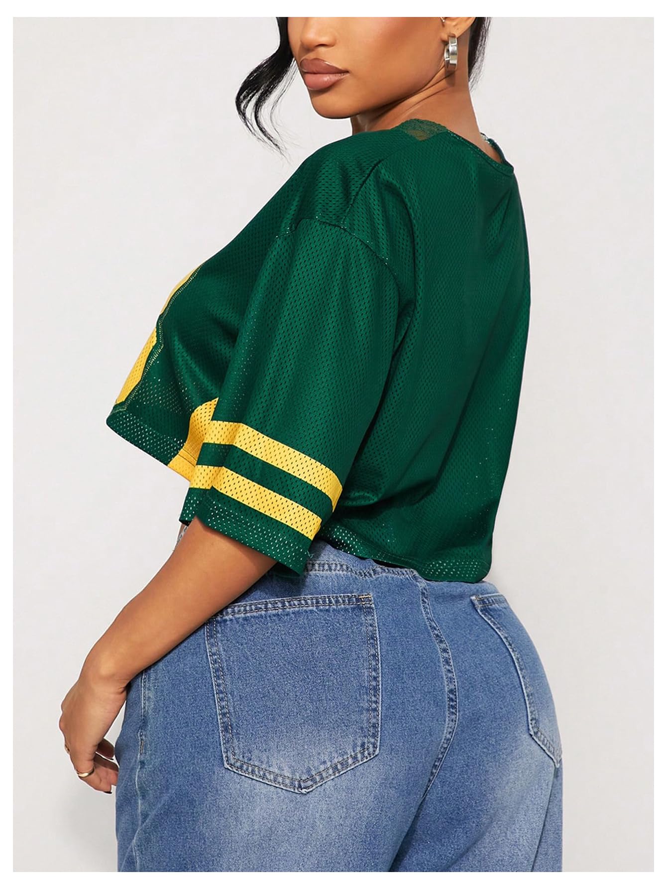 SOLY HUX Women's Number Graphic Tees Lace V Neck Half Sleeve Crop Tops Jersey Shirt Y2k Streetwear
