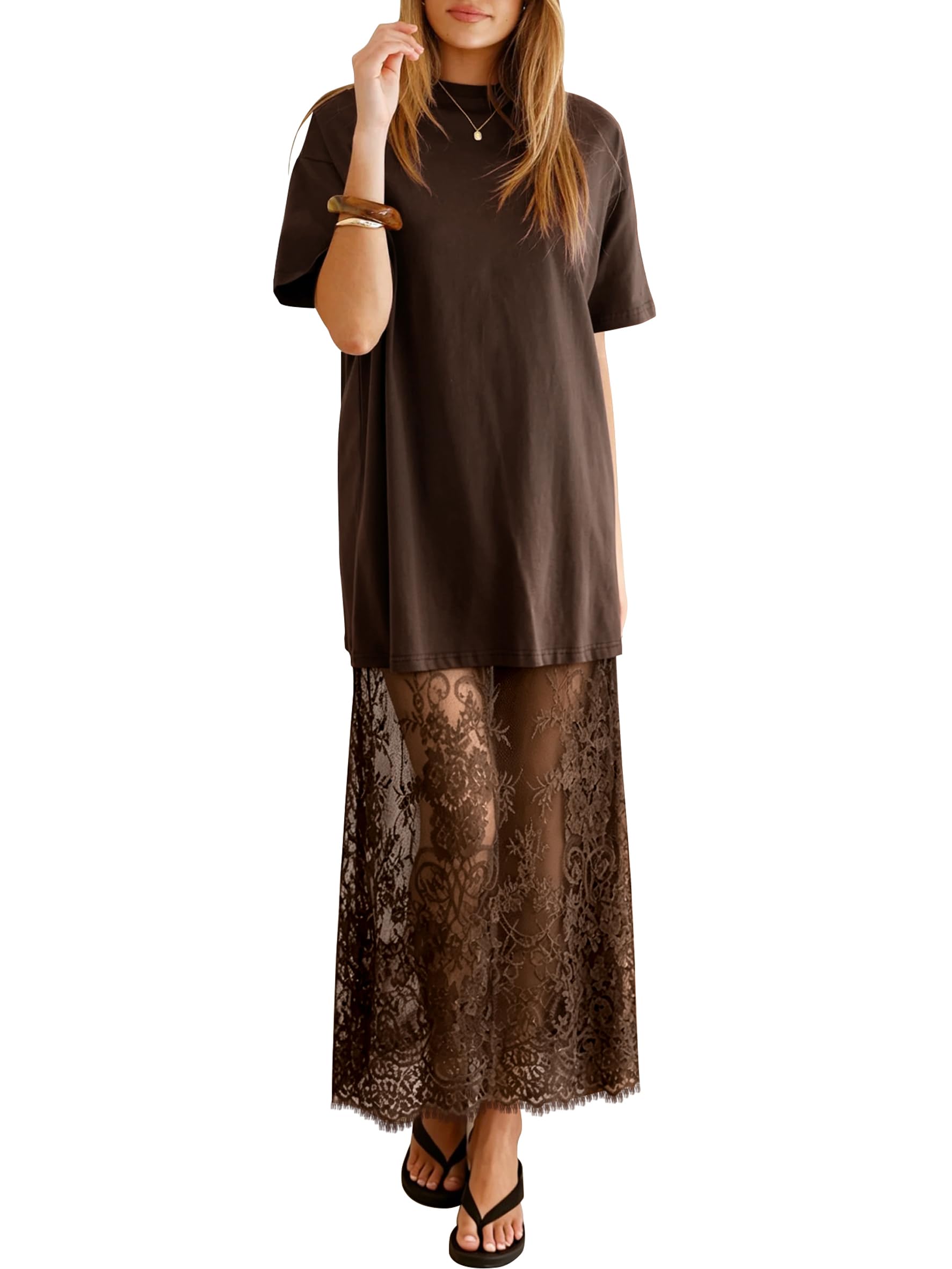 miduo Womens Summer Short Sleeve Crewneck Lace Patchwork Maxi Dress Casual Long Dresses