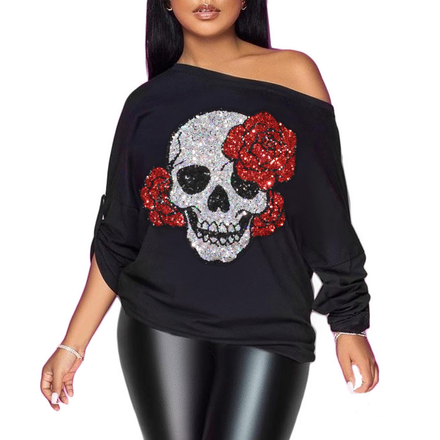 PESION Womens Off The Shoulder Tops Sexy Shiny Metallic Shirts Long Sleeves Fashion Graphic T-Shirts Blouses