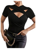 SweatyRocks Women's Plus Size Cut Out Fitted Wrap Tops Short Sleeve Criss Cross T Shirts