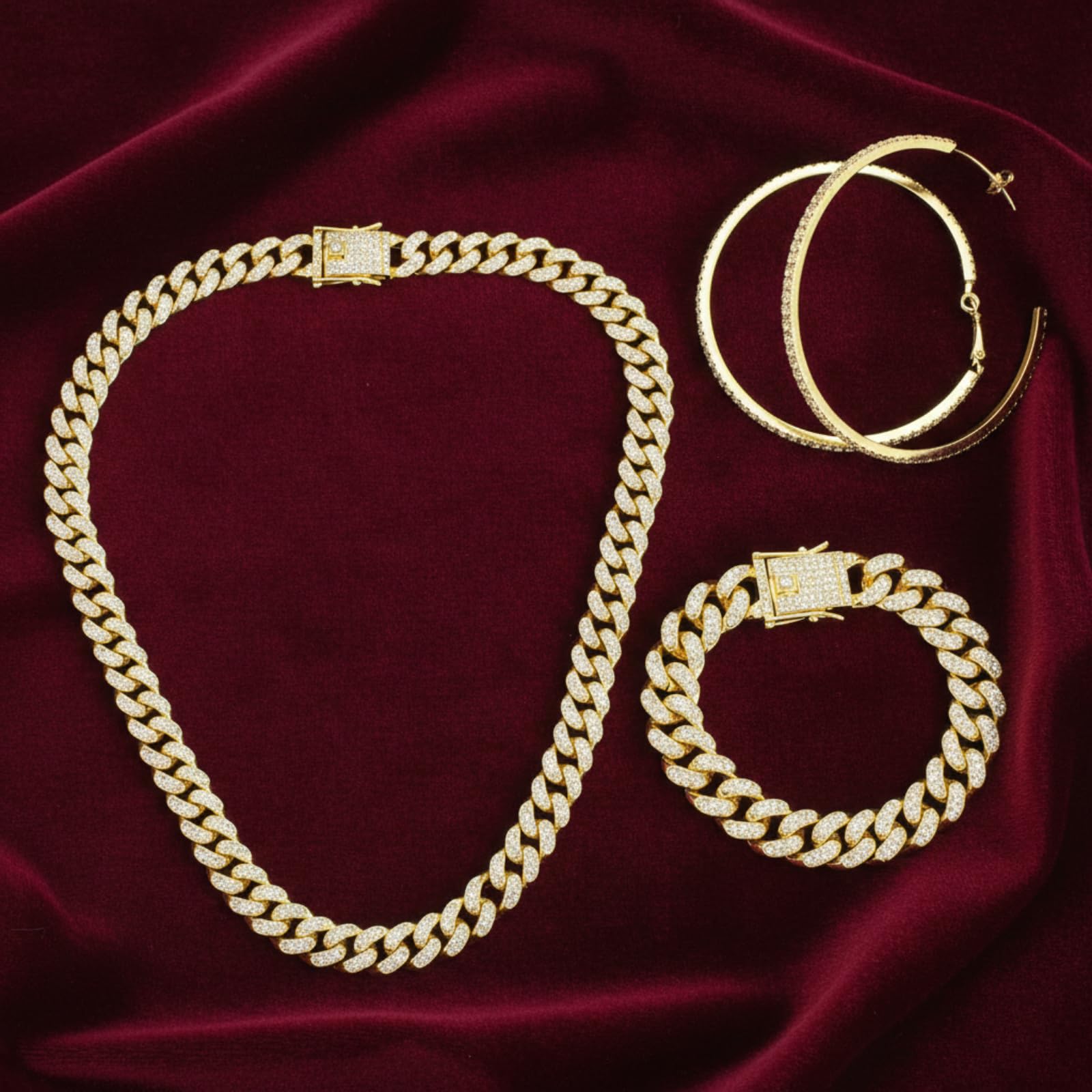 Batiyeer 3 Pcs Cuban Link Chain Necklace Bracelet Rhinestone Hoop Earrings Bling Crystal Hip Hop Jewelry for Women