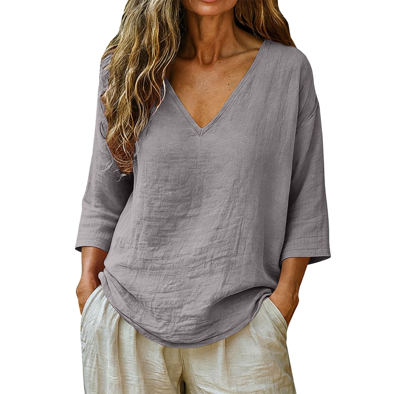 Linen Shirt Women 3/4 Sleeve Summer Casual V Neck Spring Tops Tunic Blouses Loose Fit Cotton Trendy Beach Vacation Clothes