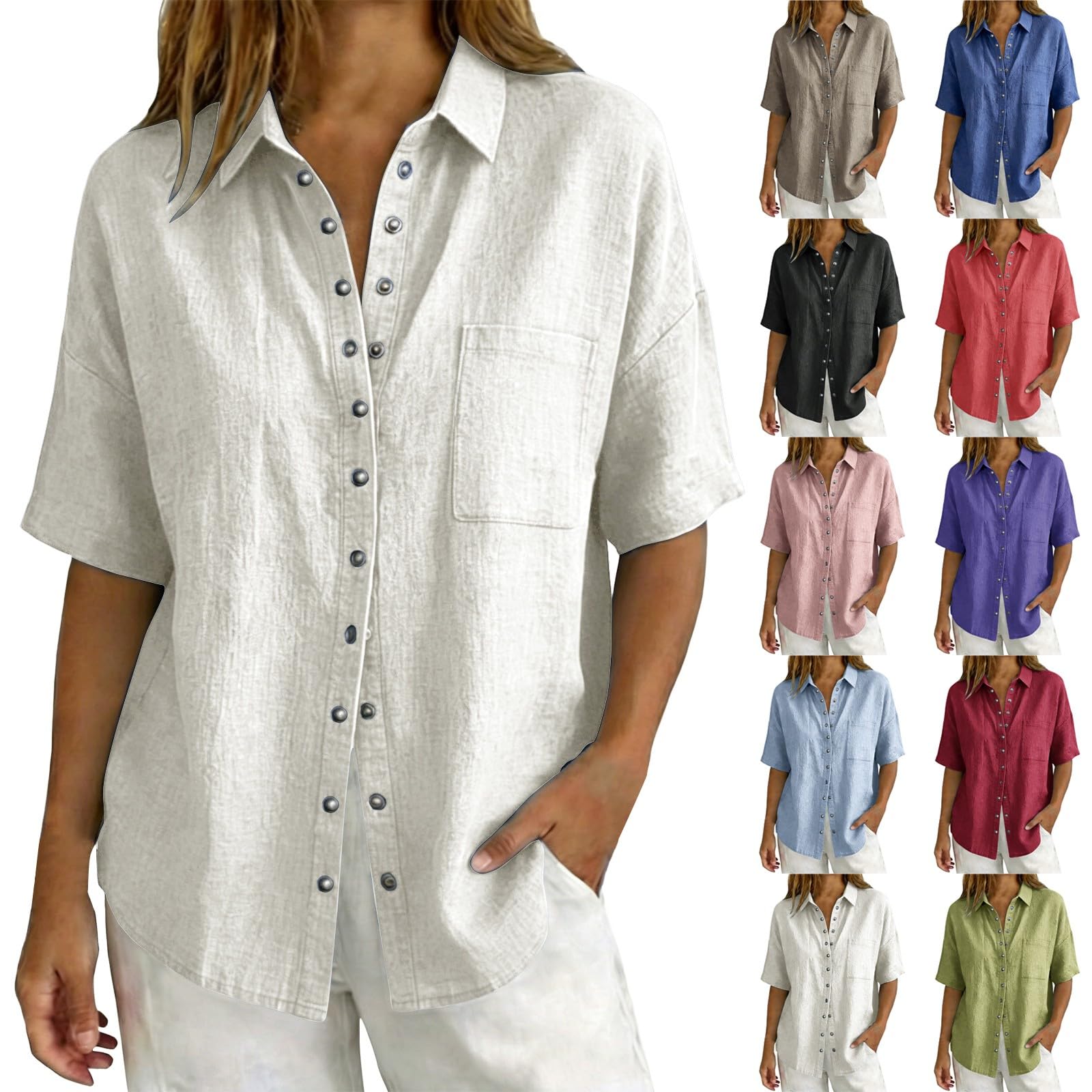 Linen Tops for Women Breathable Gauze Shirts Cotton Button Down Summer Elbow Length Blouses Dressy Casual Clothes