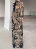 Spring Colorblock Party Clubwear Street Slim Fit Long Dress High Neck Mesh Long Sleeve Printed Sheer Dress