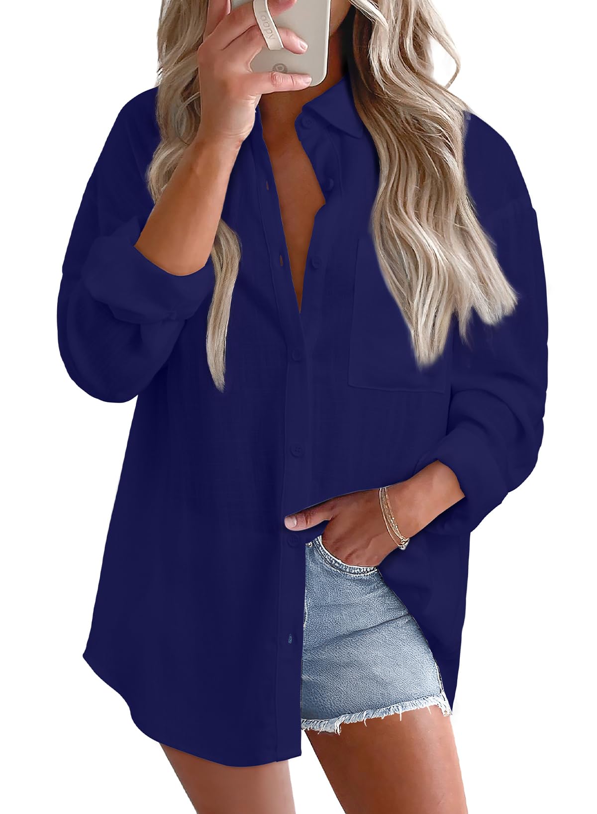 Astylish Women 2026 Loose Fit Tops Cotton Linen Button Down Shirts Collared Roll Up Long Sleeve V Neck Blouses