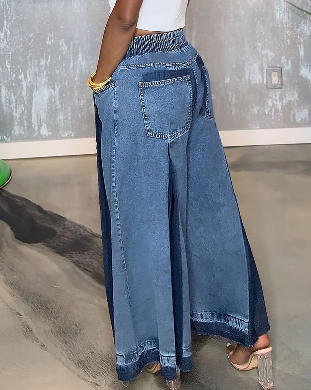 Women's Vintage Drawstring Wide Leg Jeans Elastic Waist Patchwork Loose Raw Hem Denim Pants