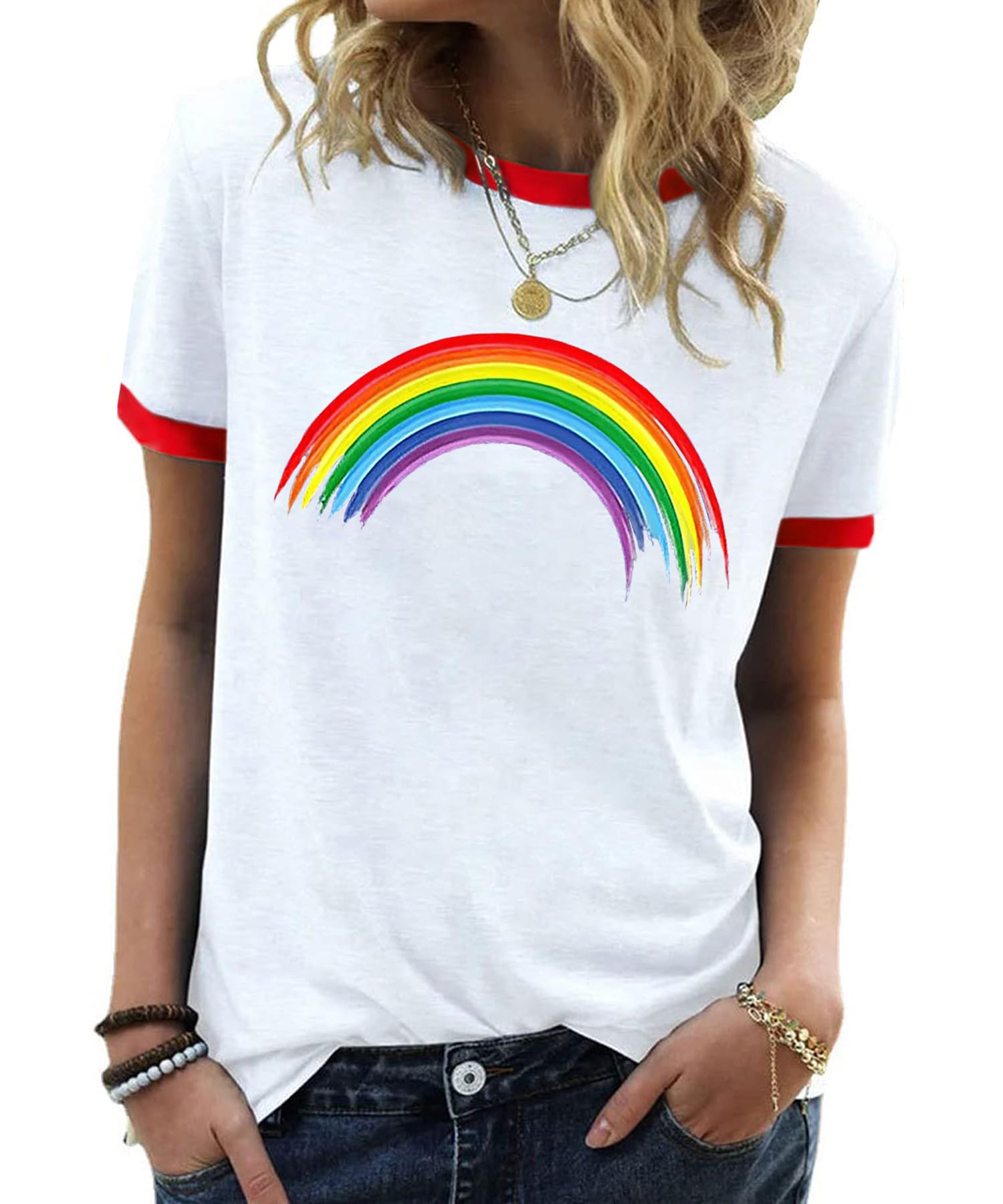 YZMI Pride Shirts for Women Pride Month Rainbow Graphic T-Shirt LGBTQ Support Red Ringer Tee