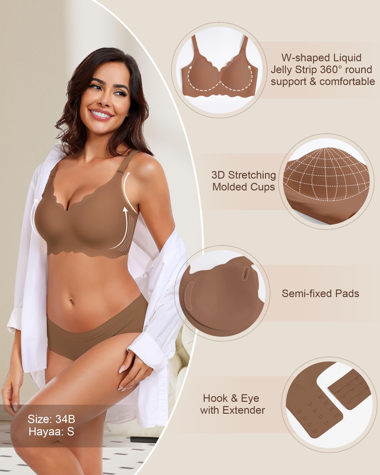 HORISUN Wireless Seamless Bras for Women No Underwire Wavy V Neck Soft Support Full Coverage Comfortable Bra