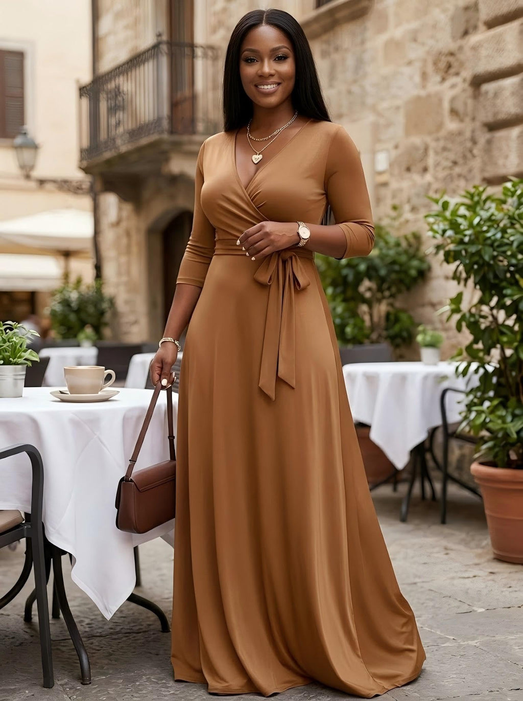 PinkPatty Women's Plus Size Maxi Dresses Casual Flowy 3/4 Sleeves Dress Printed Vacation Dress for Daily Wear with Belt