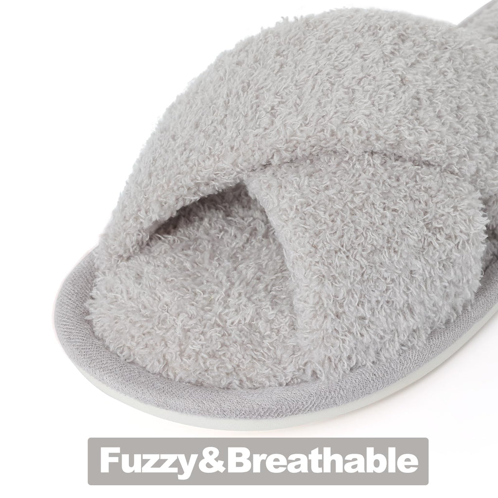 Evshine Women's Fuzzy Slippers Cross Band Memory Foam House Slippers Open Toe