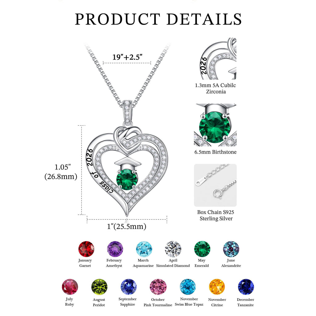 Turandoss Graduation Gifts for Her 2026, S925 Sterling Silver Birthstone Necklace Engraved Class of 2026 Inspirational Necklaces High School College Graduation Gifts for Women