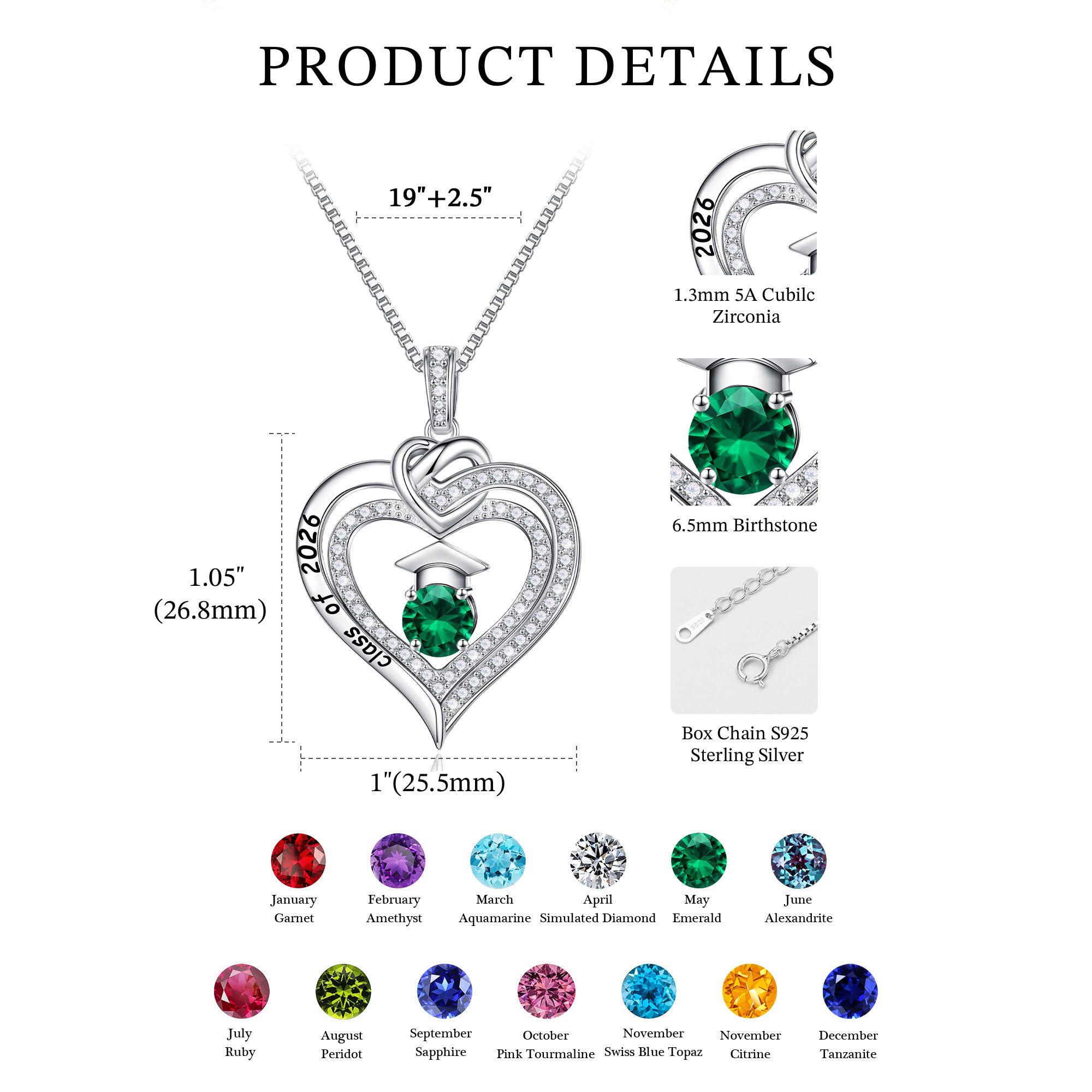 Turandoss Graduation Gifts for Her 2026, S925 Sterling Silver Birthstone Necklace Engraved Class of 2026 Inspirational Necklaces High School College Graduation Gifts for Women