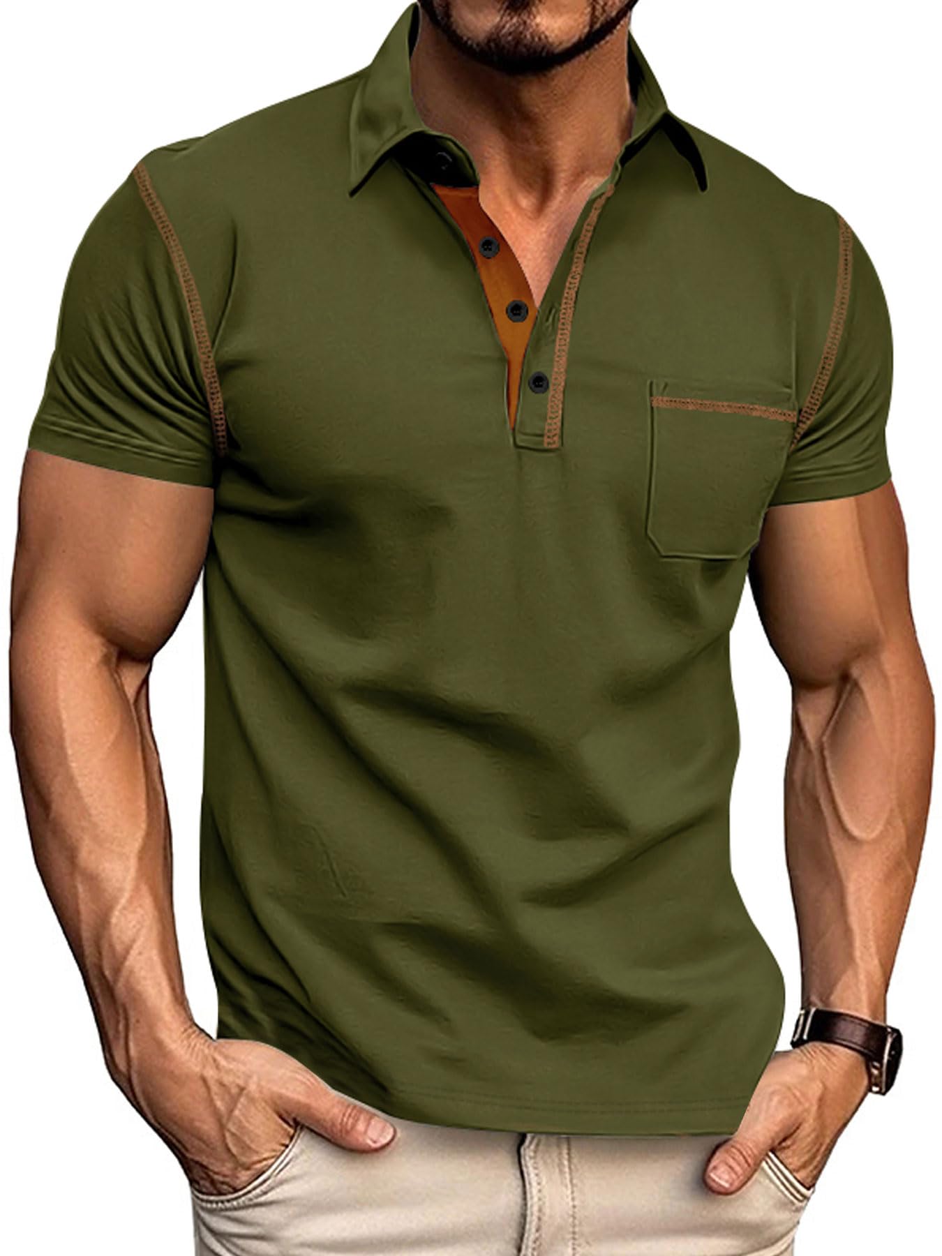 QOSOQ Men's Polo Shirts Short Sleeve Golf Polo T Shirt Lightweight Casual Button Down Shirts Summer Collared with Pocket