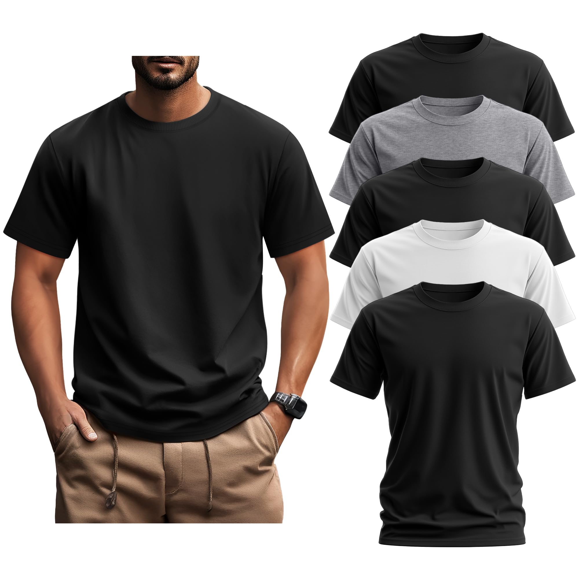 Ficerd 5 Pack Men's Big and Tall Shirts Short Sleeve Cotton Tee Summer Crew Neck Oversize Top Loose Fit Shirt Multipack