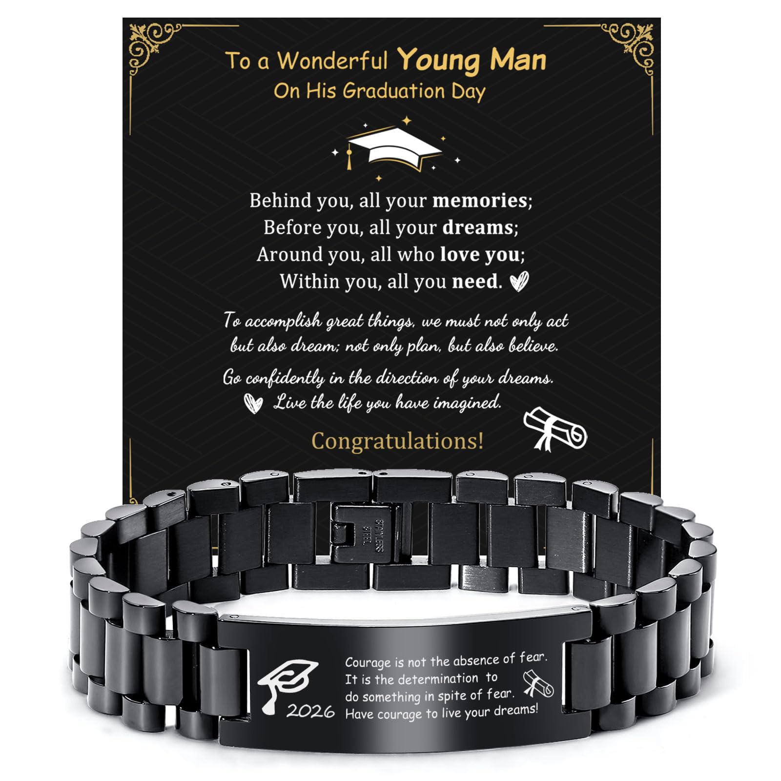 MEALGUET Graduation Gifts for him,Customizable Graduation Bracelet, Inspirational College Graduate Class Of 2026 Gift, Stainless Steel Handsome Link Bracelets for College Graduates