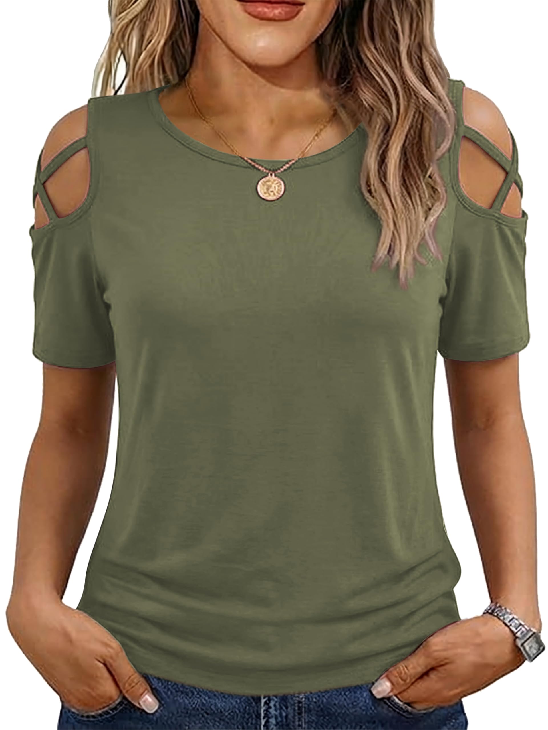 Jar of Love Women's Short Sleeve Cold Shoulder Tops T-Shirts for Women Spring Summer Tops Loose Fit Tunic 2026