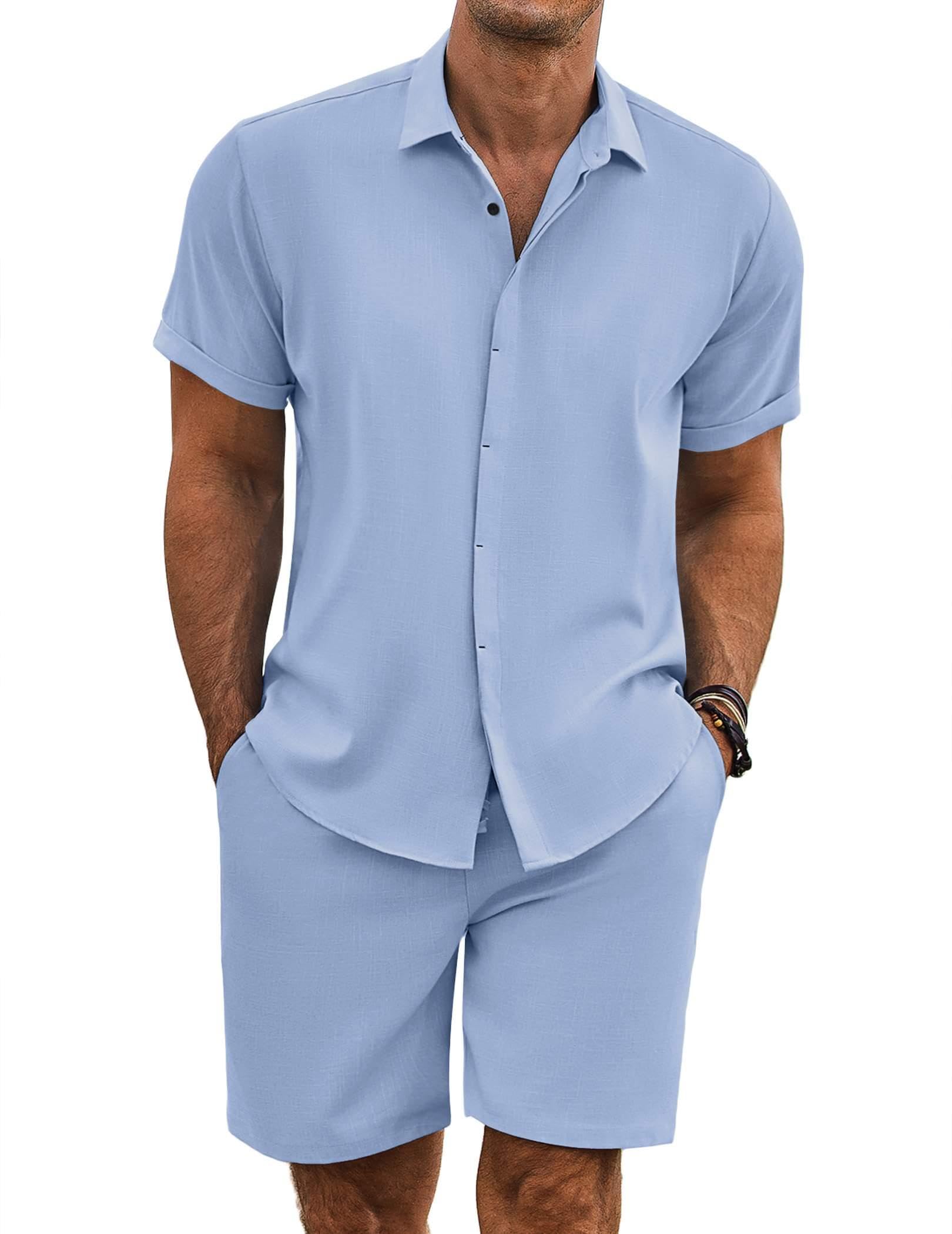 COOFANDY Men's Summer Beach Outfits 2 Piece Short Sleeve Shirts and Shorts Vacation Texture Linen Sets for Men