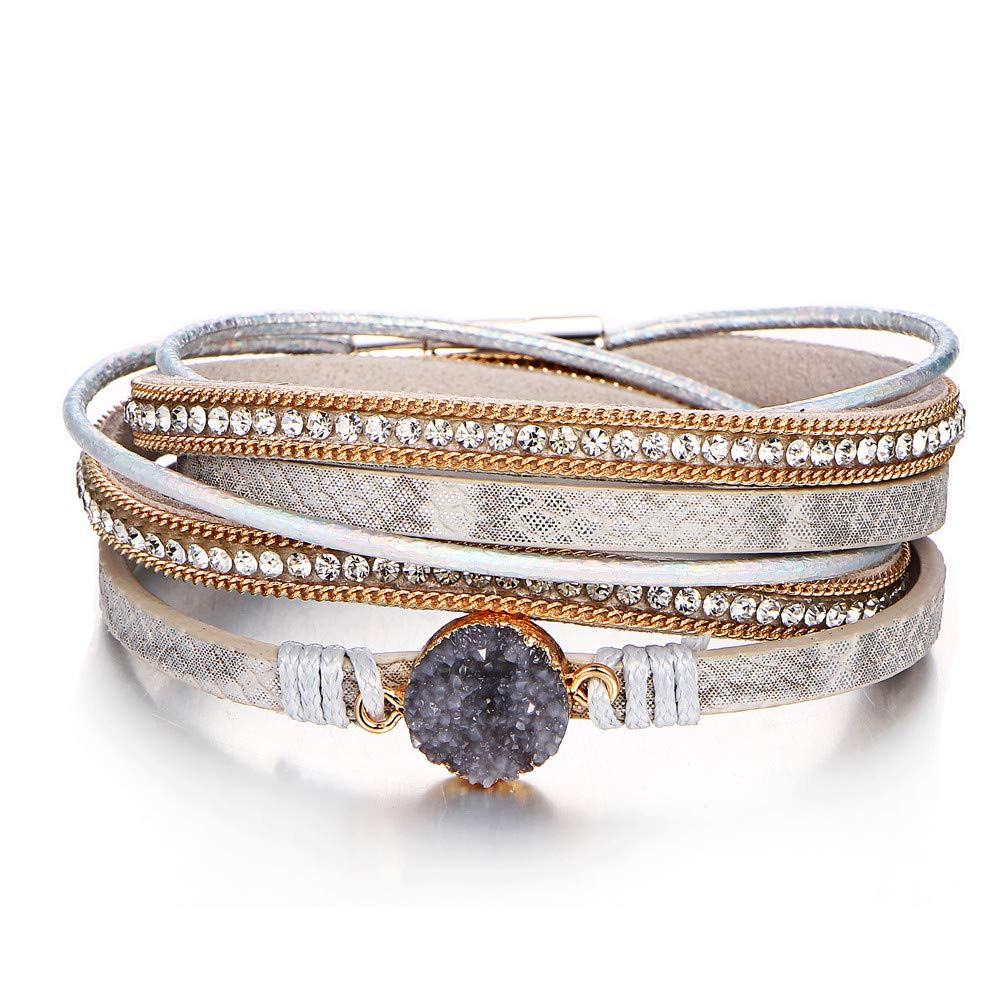 Fesciory Leather Wrap Bracelets for Women, Boho Leopard Multi-Layer Crystal Beads Cuff Bracelet Jewelry