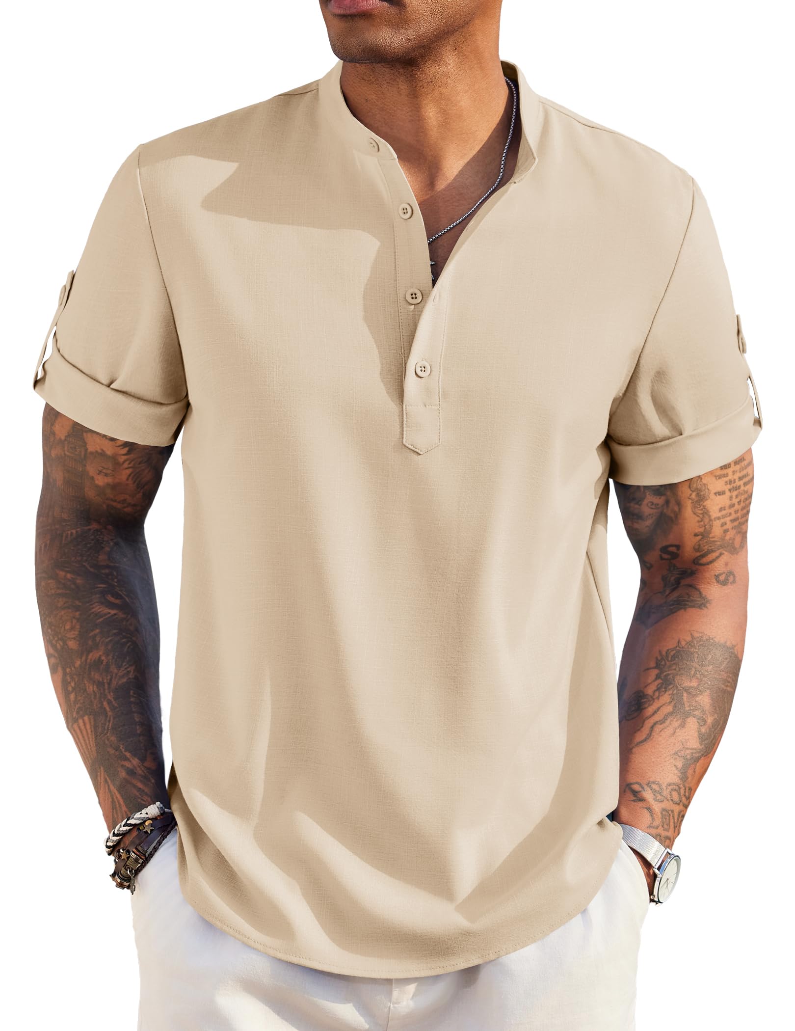 COOFANDY Men's Casual Henley Shirt Short Sleeve Band Collar Linen Shirt Summer Beach Hippie T-Shirts