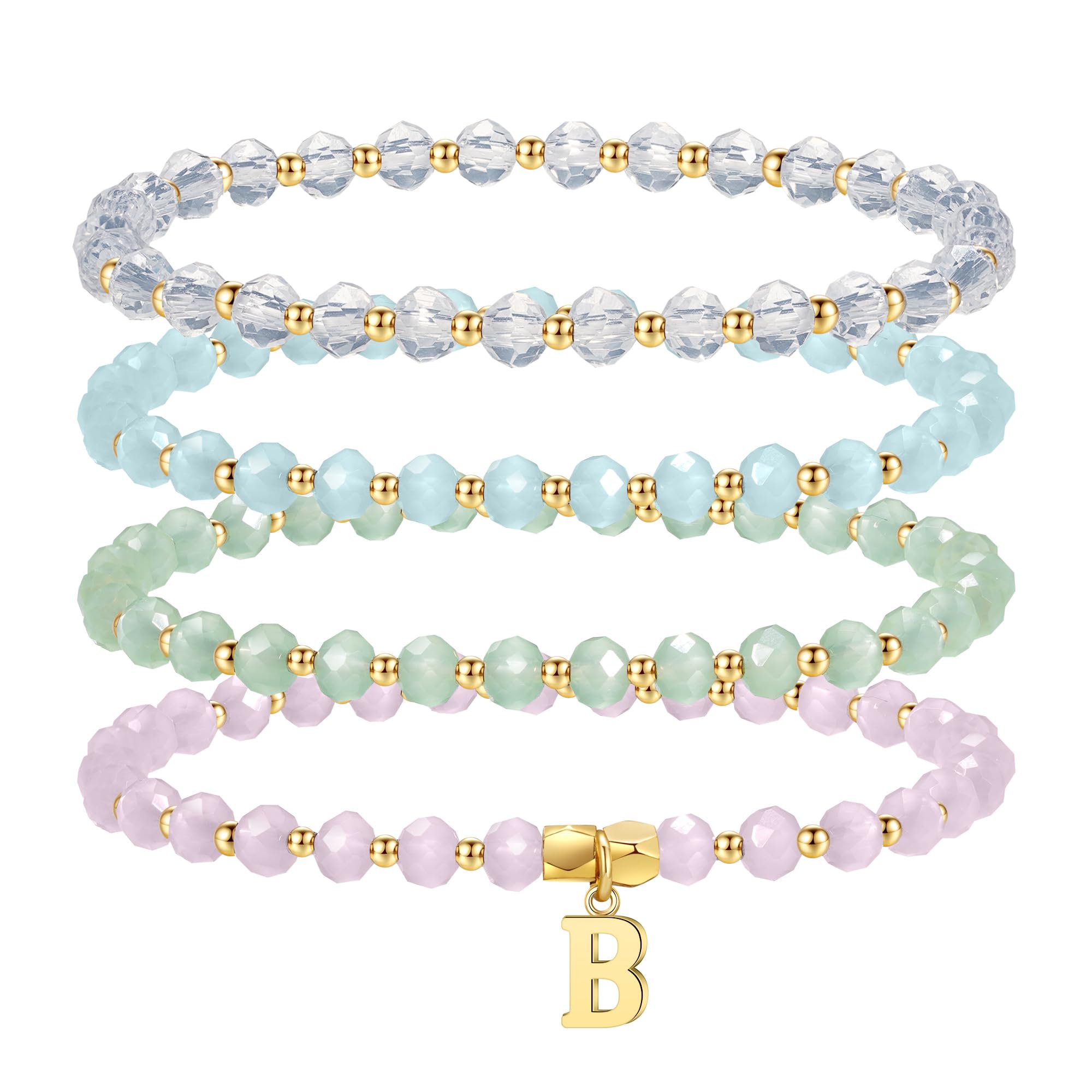 IEFWELL Initial Bracelets for Women Girls - 4Pcs Crystal Bracelets Set Pink/Blue/White/Green Crystals Beaded Bracelet Stretch Bracelet Kid Jewelry Birthday Gifts for Teen Girls Kids Toddler