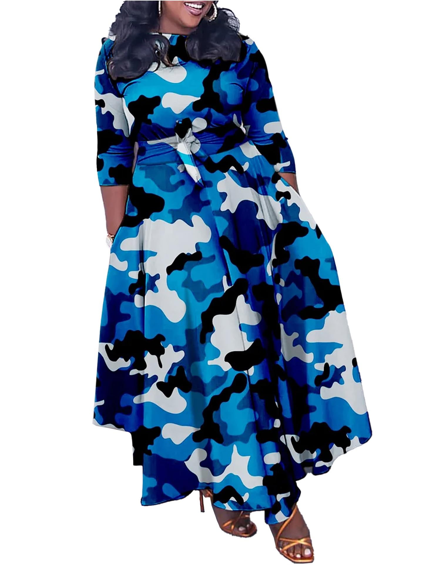 Baczoe Plus Size Dress for Curvy Women Stretch Self Tie A-Line Maxi Dress with Pockets Swing Long Outfit