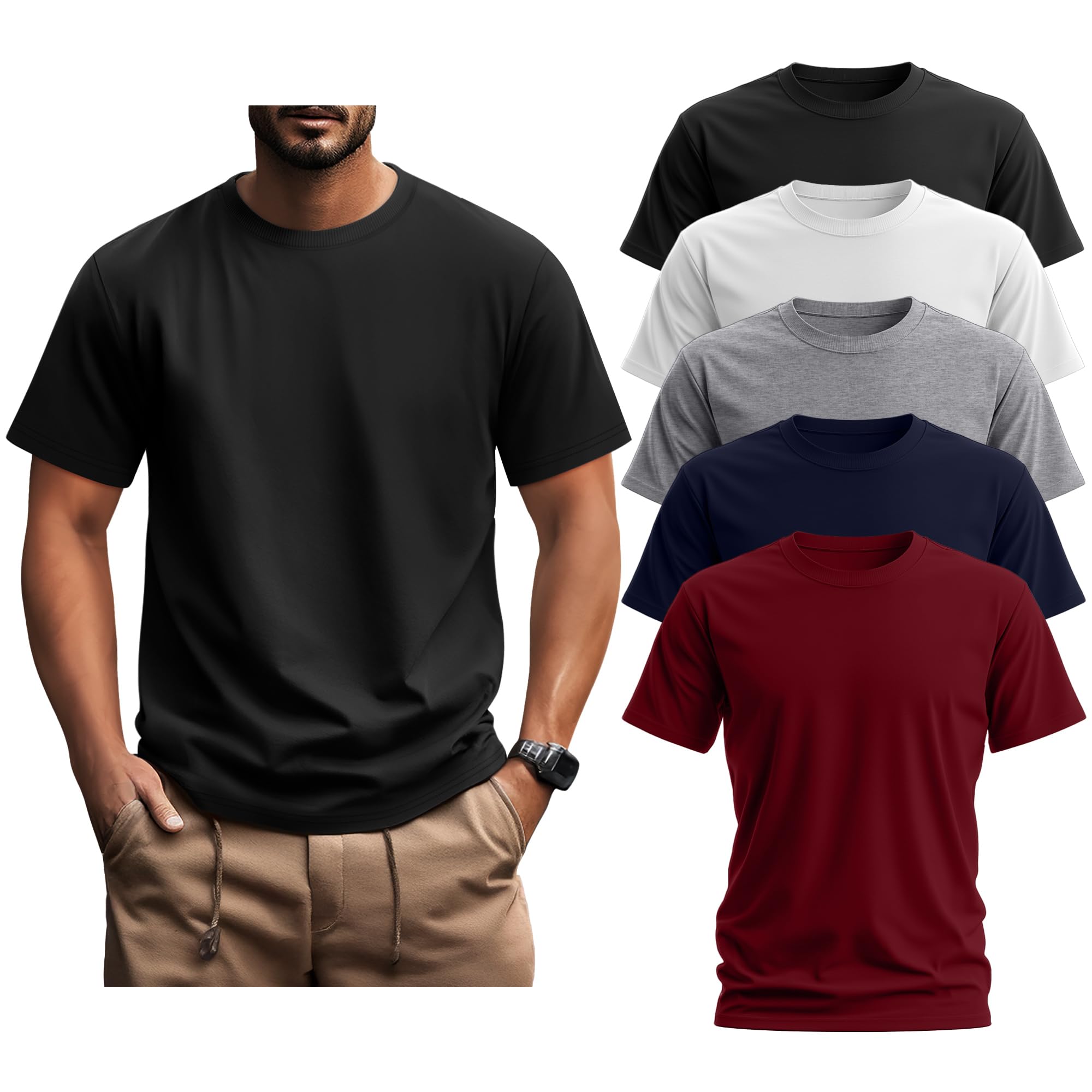 Ficerd 5 Pack Men's Big and Tall Shirts Short Sleeve Cotton Tee Summer Crew Neck Oversize Top Loose Fit Shirt Multipack