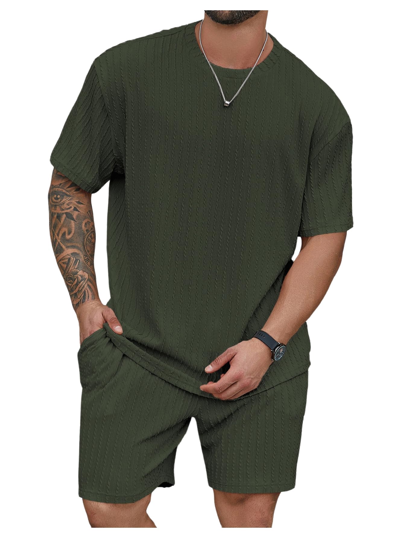RoseSeek Men's Big and Tall 2 Piece Summer Outfits Textured Drop Shoulder T Shirt and Short Sets Tracksuit