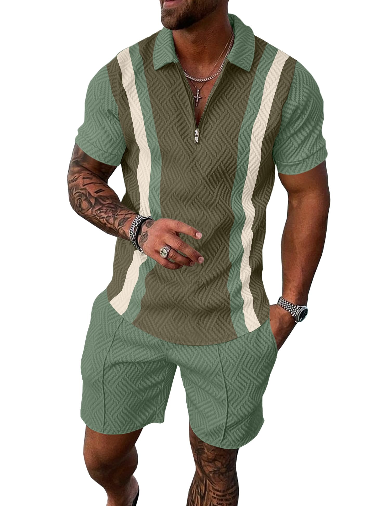 UOUA Mens Summer Track Suits 2 Piece Shorts Sets Short Sleeve Sweatsuit Outfits 1/4 Zip Golf Polo Splicing Striped Shirts