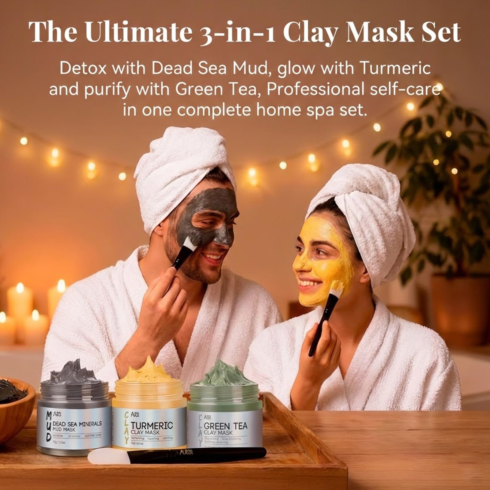 ANAI RUI 3Pcs Face Mask Set, Turmeric Clay Mask - Green Tea Face Mask - Dead Sea Minerals Mud Mask,Self Care Gifts for Women 2.5 oz each