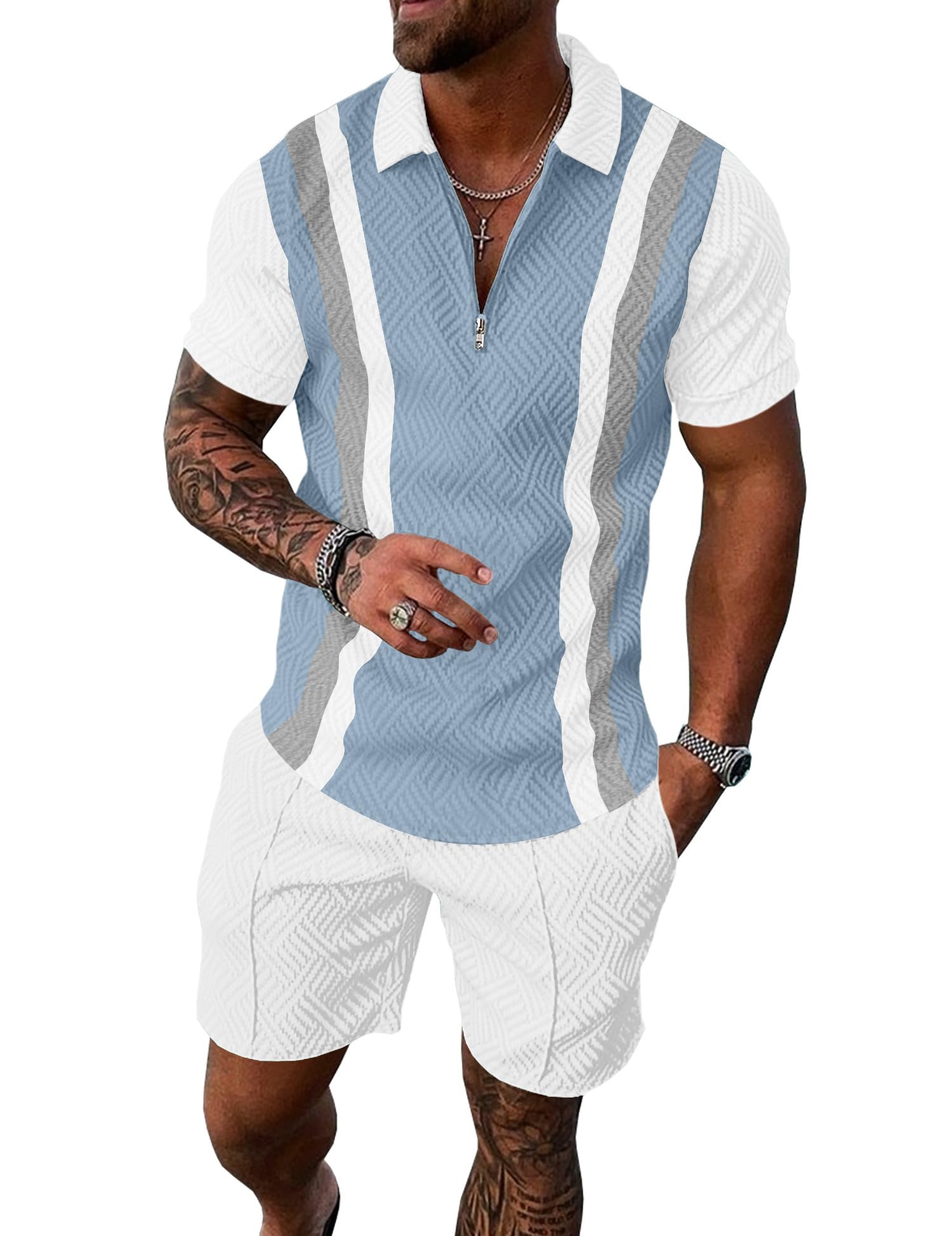 UOUA Mens Summer Track Suits 2 Piece Shorts Sets Short Sleeve Sweatsuit Outfits 1/4 Zip Golf Polo Splicing Striped Shirts