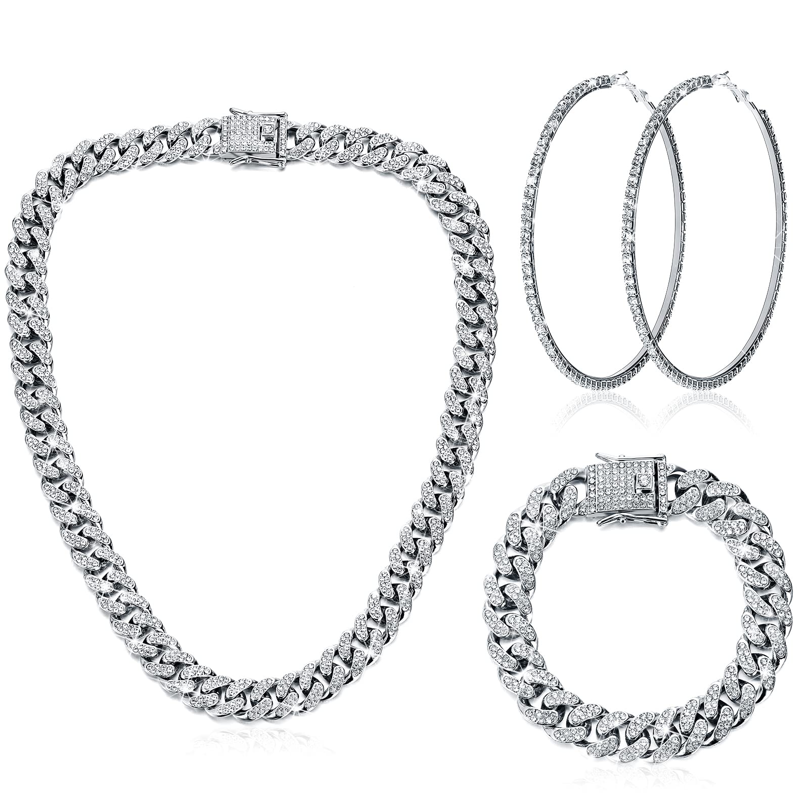 Batiyeer 3 Pcs Cuban Link Chain Necklace Bracelet Rhinestone Hoop Earrings Bling Crystal Hip Hop Jewelry for Women