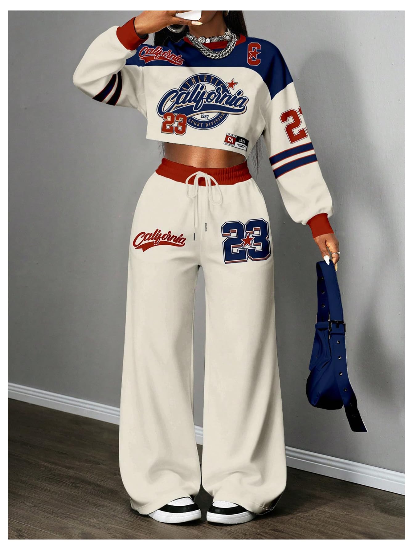 SOLY HUX Women's Plus Size 2 Piece Outfits Y2k Graphic Long Sleeve Jersey Sweatshirt and Sweatpants Set Streetwear