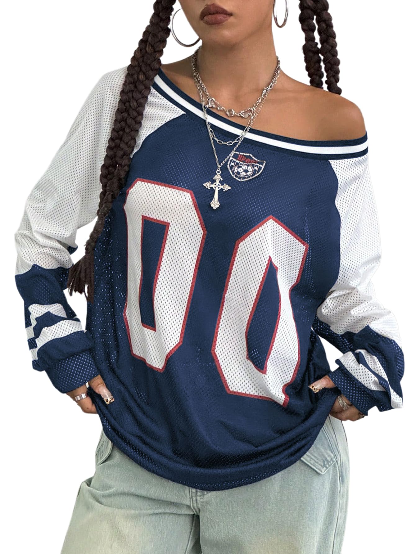 BEAUDRM Women's Y2k Mesh Jersey Shirts Sheer Graphic Tees Oversized Off The Shoulder Long Sleeve Tops Streetwear