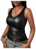 OYOANGLE Women's Faux PU Leather Tank Top Y2K Sleeveless Vest Fitted Ruched U Neck Going Out Tops Party Concert Outfits
