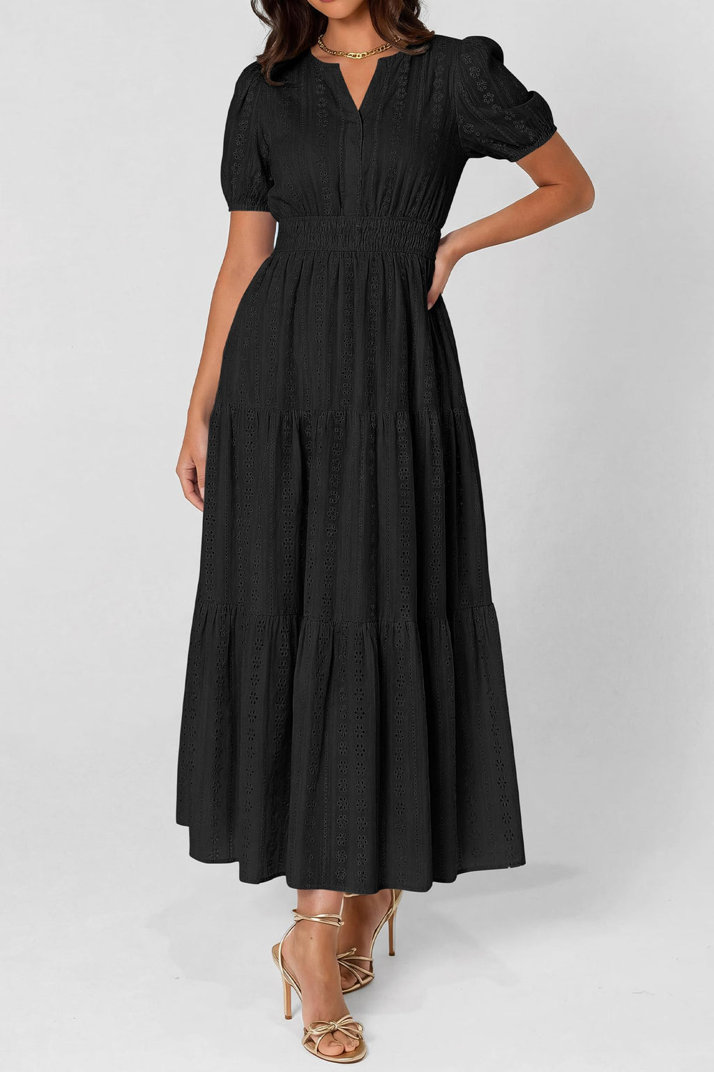 PRETTYGARDEN Womens Summer Maxi Dresses 2026 Casual Puff Sleeve V Neck Smocked Flowy Eyelet Cotton Dress Spring Sundress