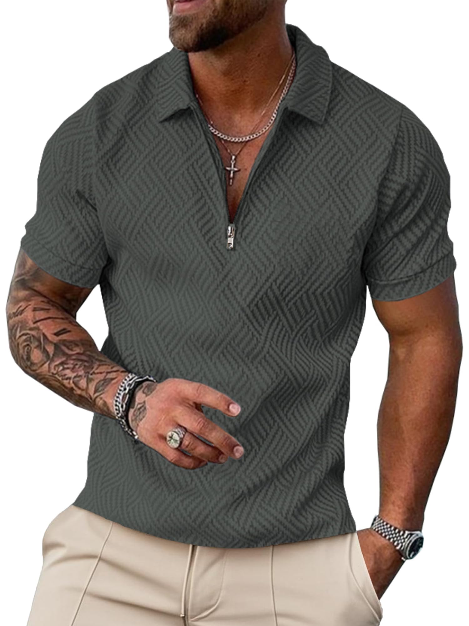 UOUA Men's Zipper Polo Shirts Short Sleeve Sweatshirts Soild Color Tops Striped Texture Casual Golf T