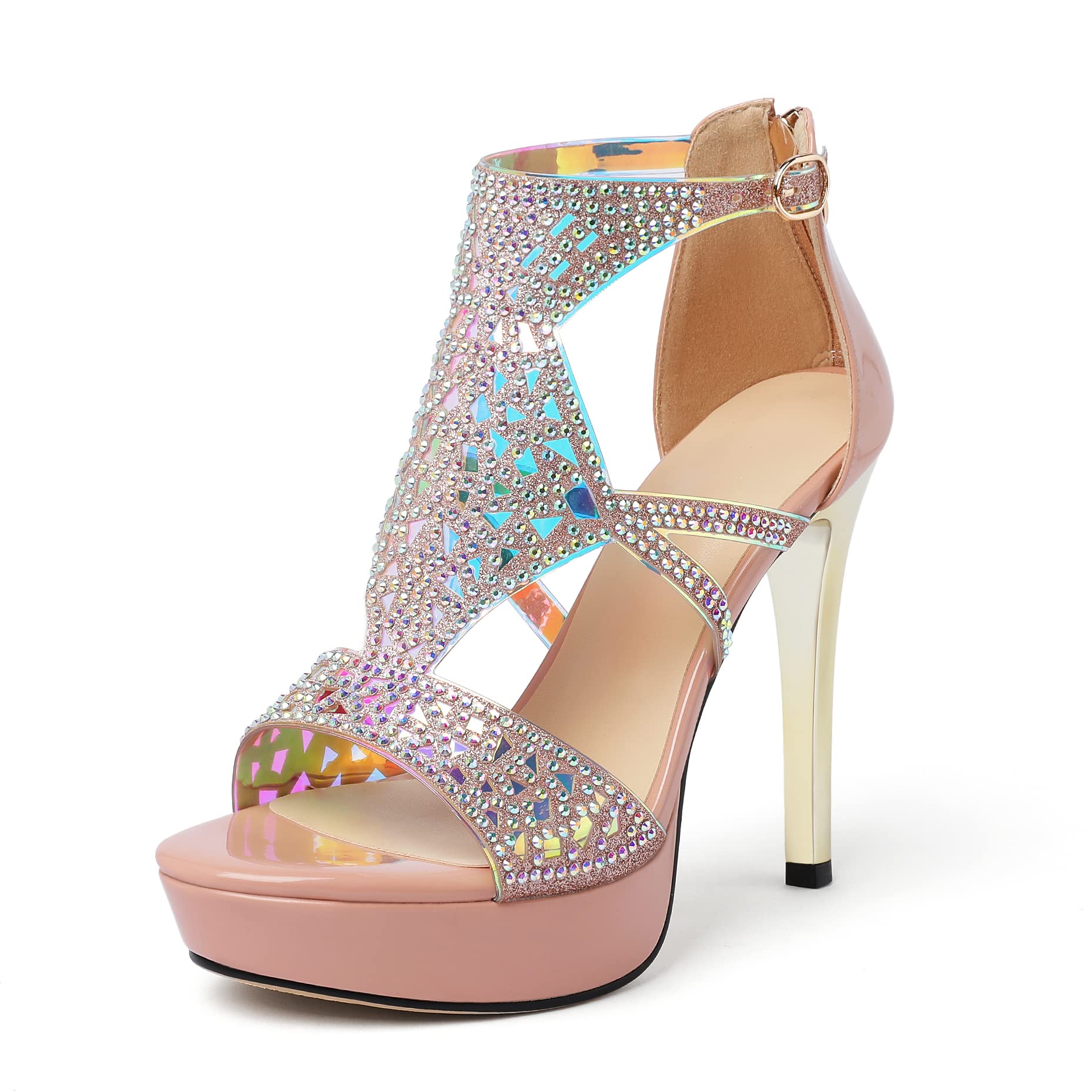 Eldof High Heeled Sandals for Women, Open Toe Strappy Platform Sandals, Cutout Gladiator Heels with Rinestones, Pumps Shoes for Dress Party Evening Summer