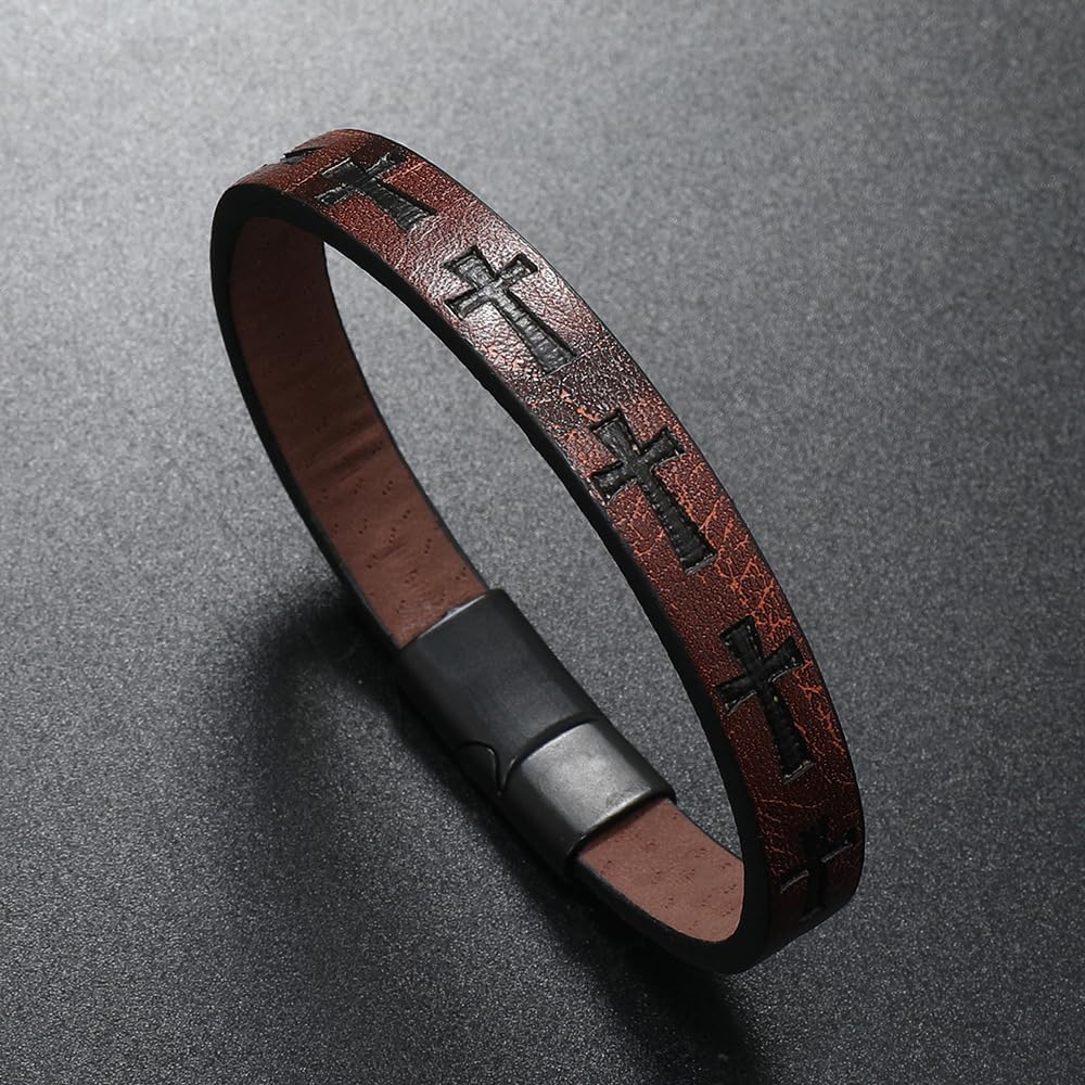 1PC Cross Unique Clasp Woven Bracelet, Leather Band Bracelet, Stylish Cross Design for Women and Men, Classical and Fashion Jewelry Accessory(Brown)
