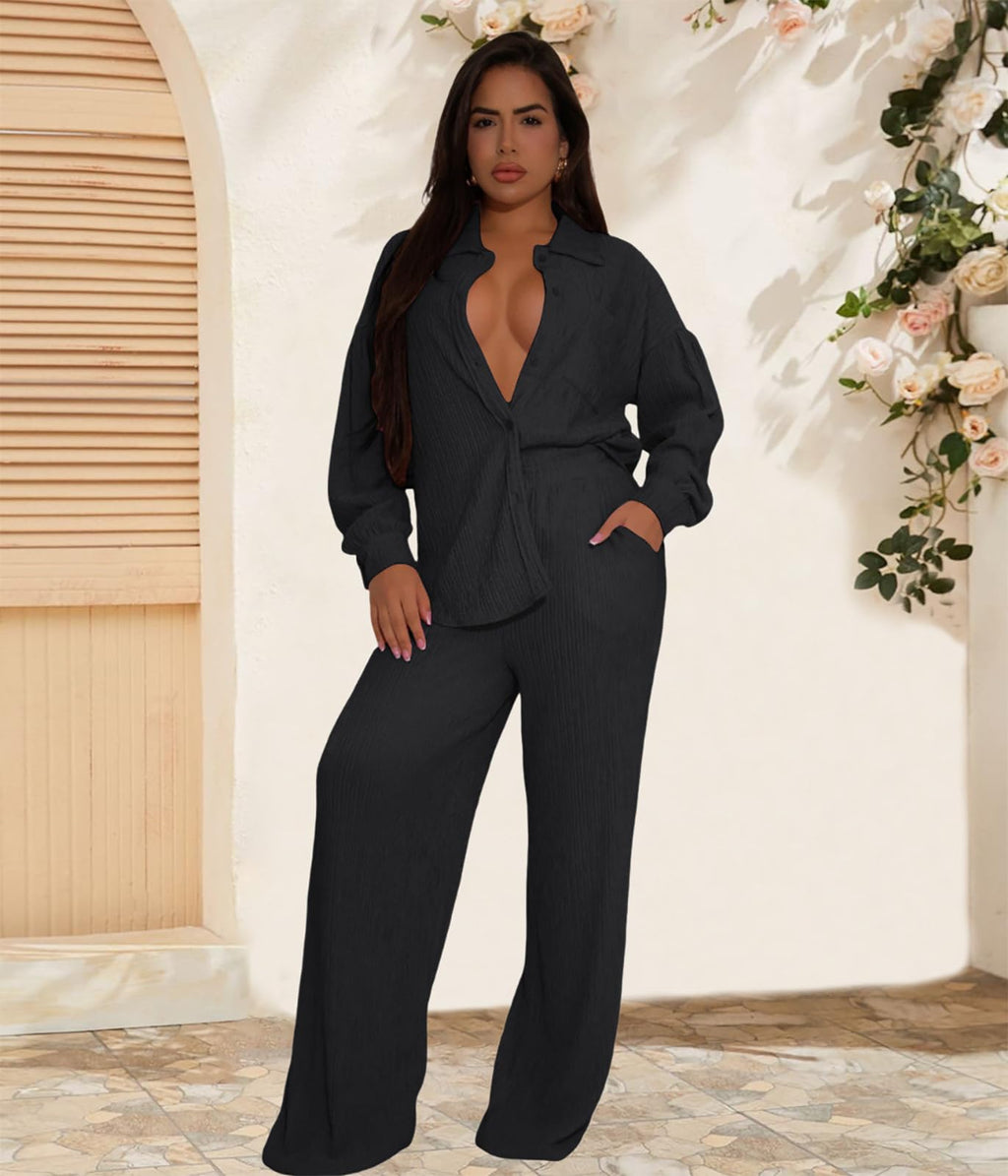 Ophestin Women 2 Piece Dressy Outfits Casual Pleated Long Sleeve Button Down Shirt Wide Leg Pants Loungewear Matching Sets