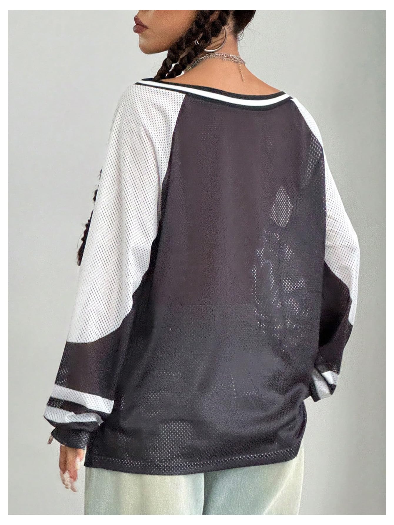 BEAUDRM Women's Y2k Mesh Jersey Shirts Sheer Graphic Tees Oversized Off The Shoulder Long Sleeve Tops Streetwear