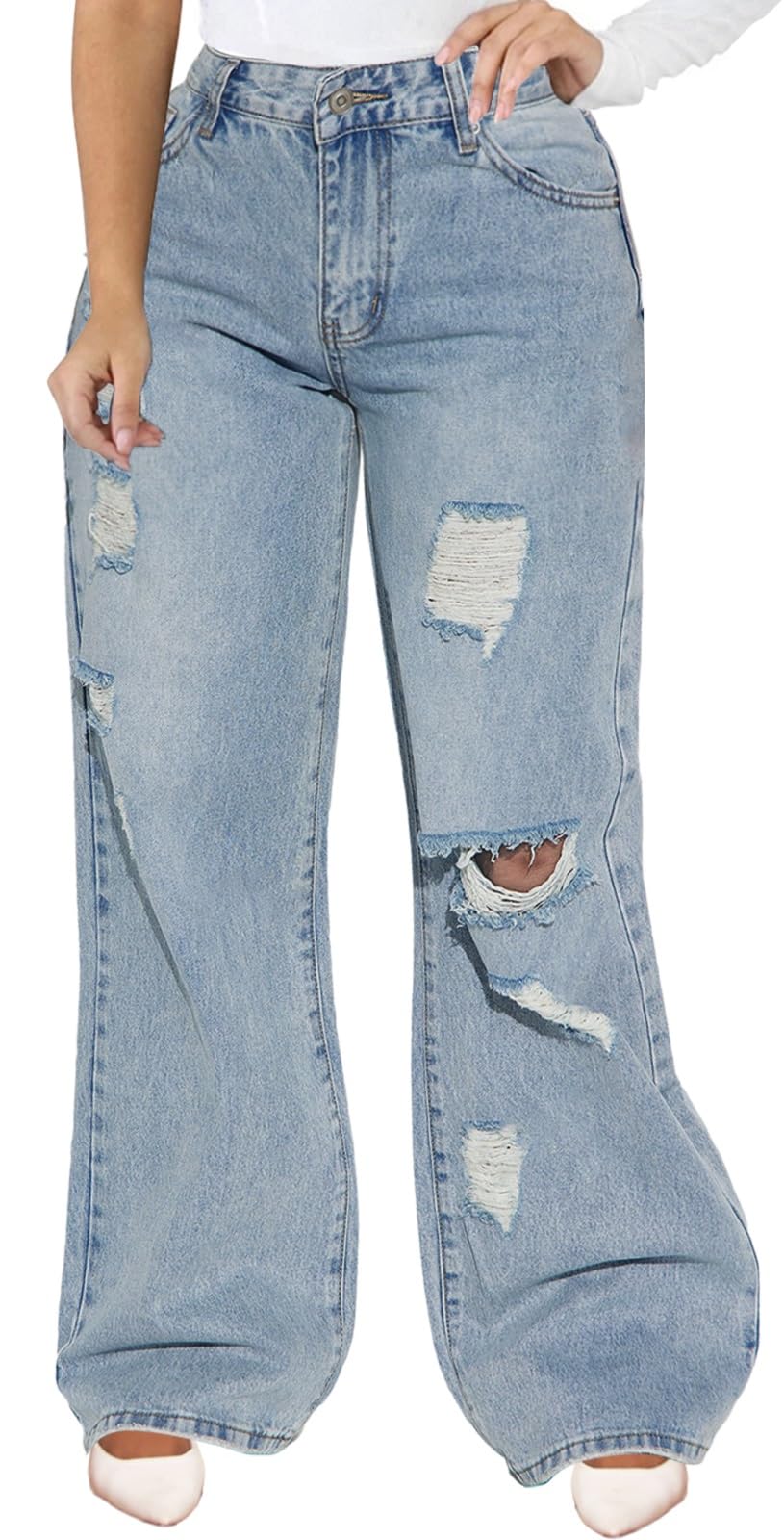 CuteCherry Women Baggy Ripped Jeans Destroyed Wide Leg Retro Denim Pants