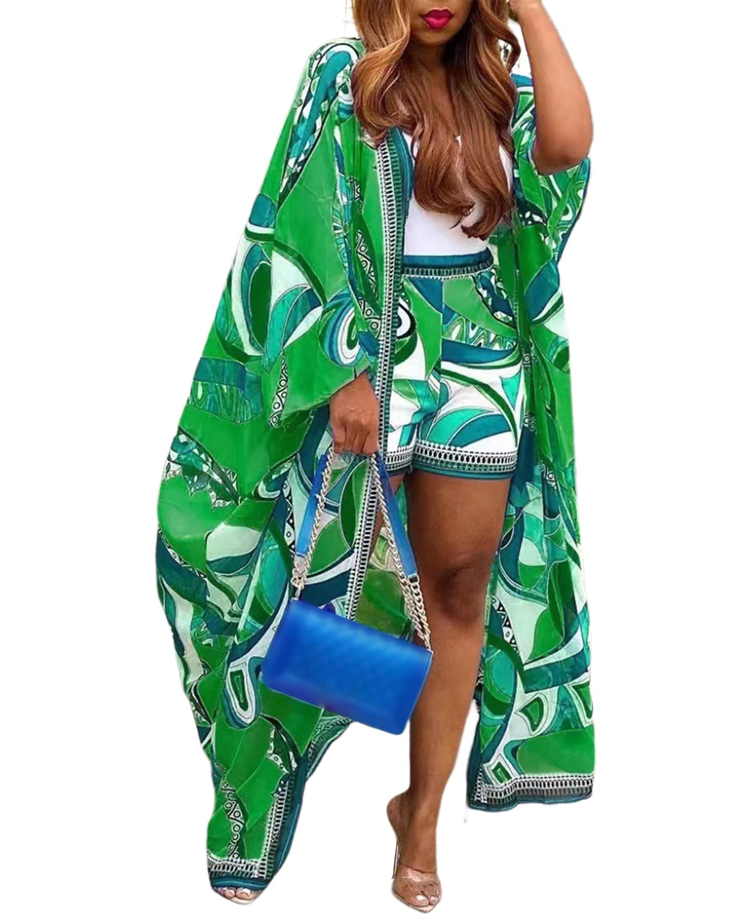2 Piece Outfits for Women Sexy Beach Cover Up Shorts Set Open Front Long Cardigan