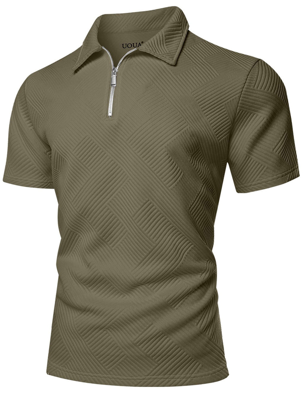 UOUA Men's Zipper Polo Shirts Short Sleeve Sweatshirts Soild Color Tops Striped Texture Casual Golf T