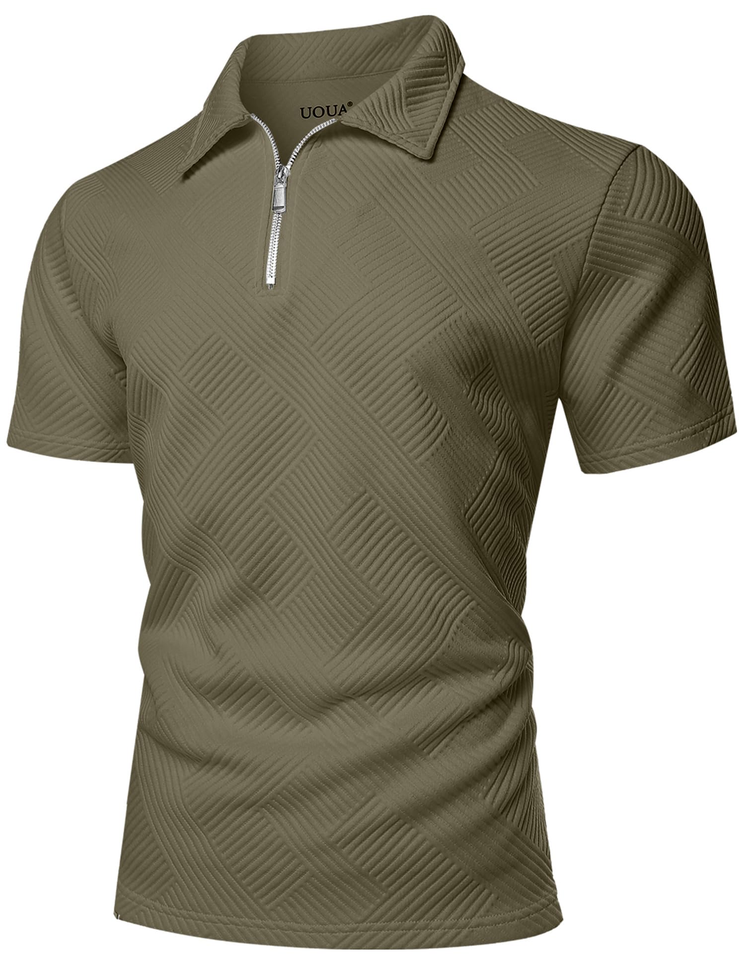 UOUA Men's Zipper Polo Shirts Short Sleeve Sweatshirts Soild Color Tops Striped Texture Casual Golf T