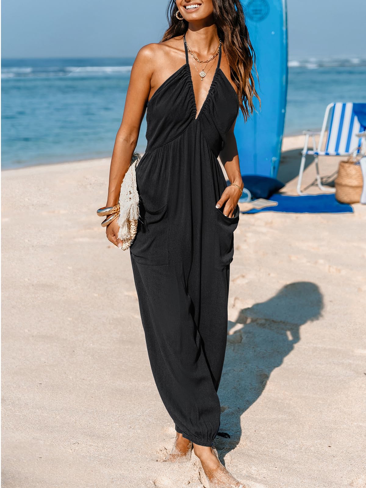 CUPSHE Women's Plunge Halter Sleeveless Pleated Long Romper Knit Jogger Maxi Jumpsuit with Pockets
